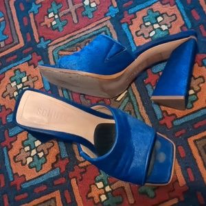 Blue cow hair leather mules, size 6